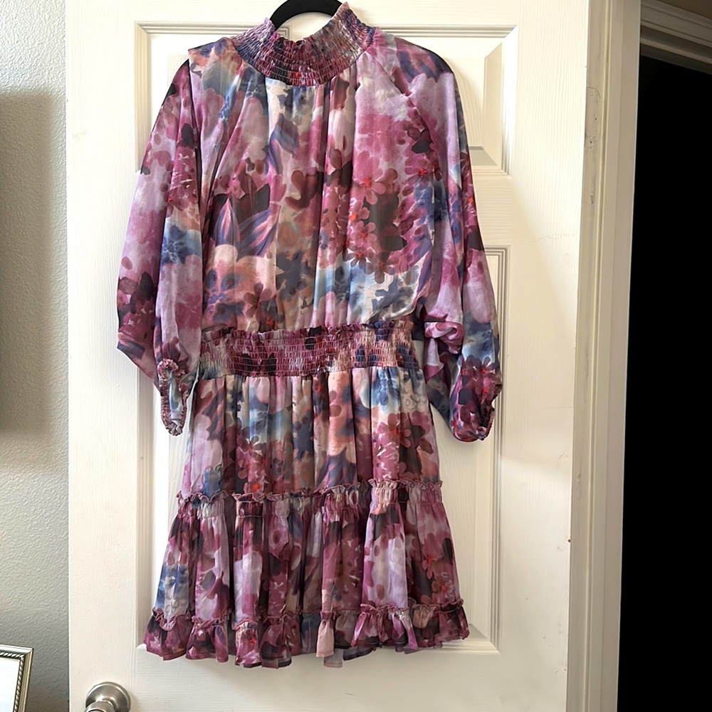 Watercolor Dress with Draped Sleeves